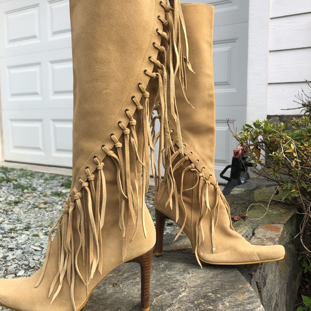 Metcalf- Knee high fringed boots. 3” high. Worn once.